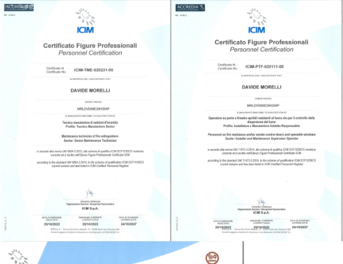 Certificazioni ICIM per manutenzione e sicurezza antincendio.